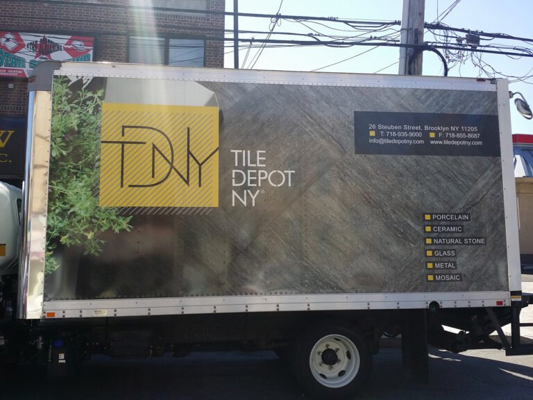 a black color decal wrap on tile depot truck