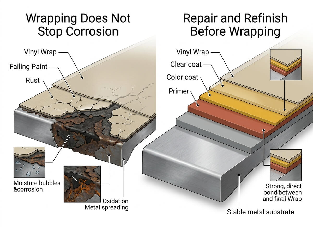Rust and vehicle wrap damage