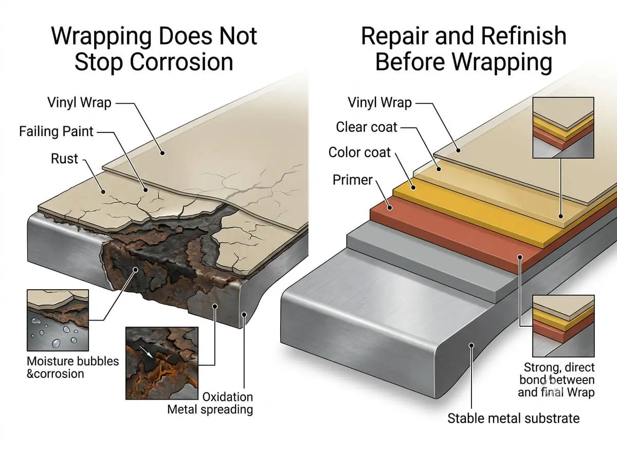 Rust and vehicle wrap damage