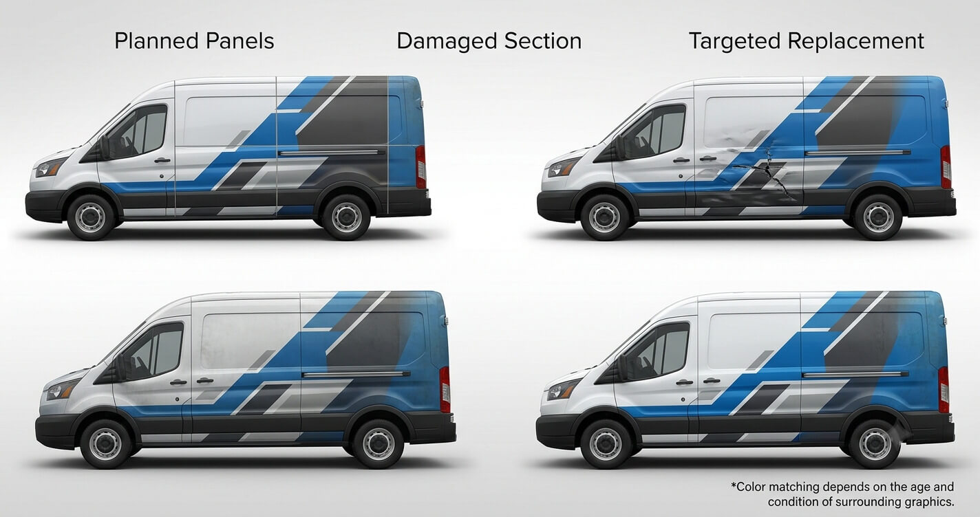 Vehicle wrap repair friendly panel placement
