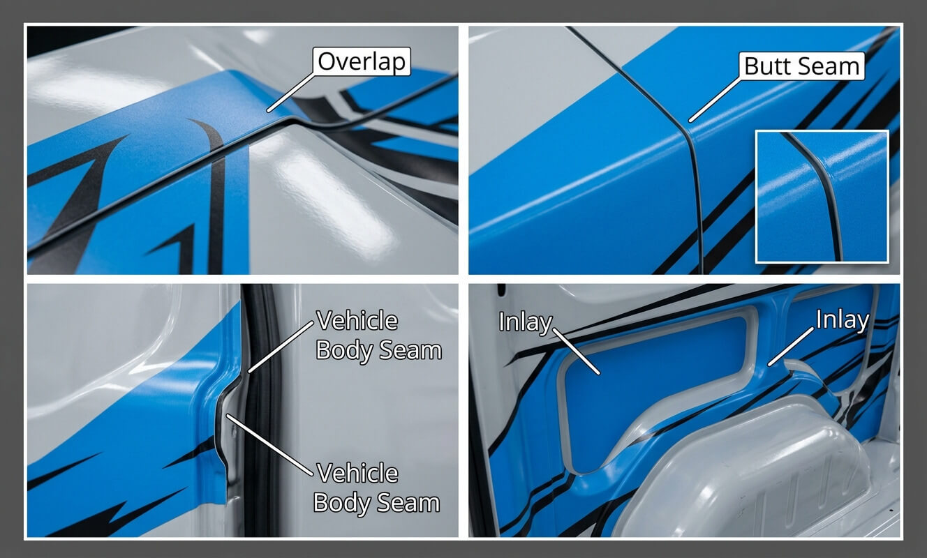 Vehicle wrap seam types and panel connections