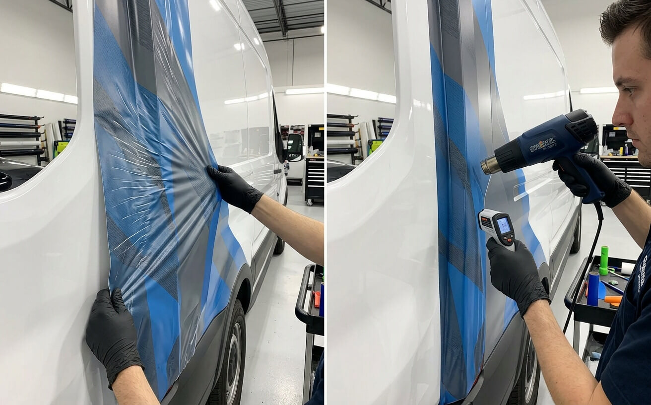 Vehicle wrap tension and post heating