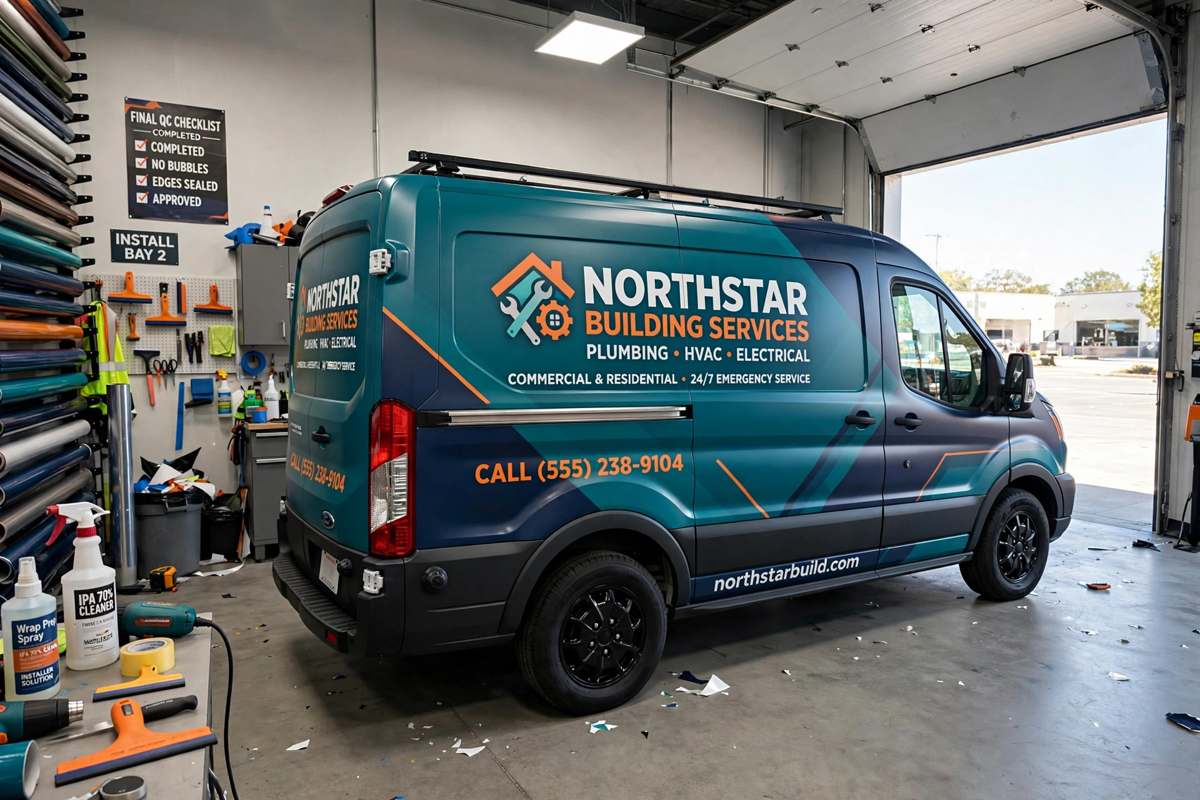 Van with freshly installed commercial wrap