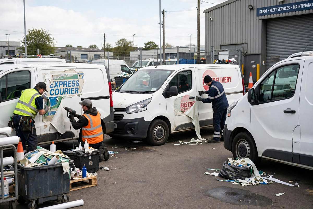 Technicians removing fleet graphics from vans