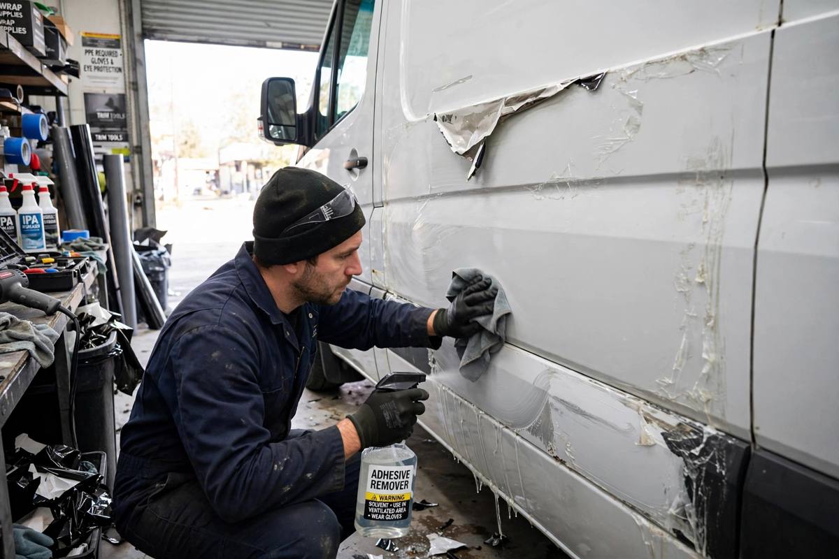 Detailer cleaning adhesive residue off van