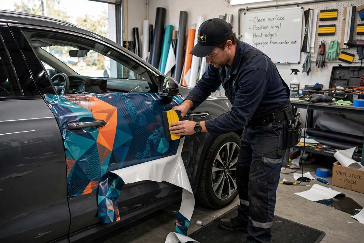 Installer applying vinyl wrap in workshop