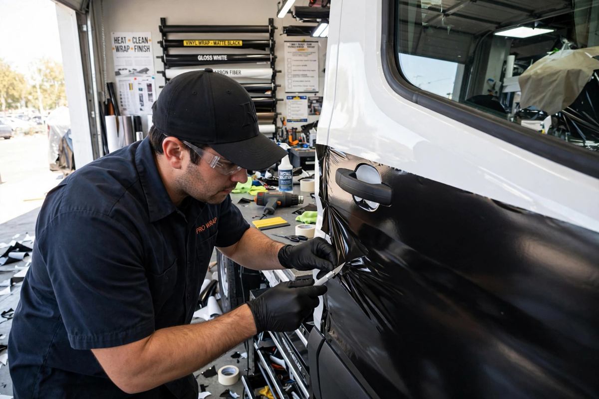 Installer trimming vinyl wrap on van