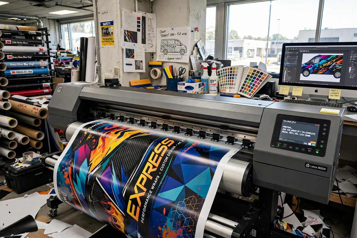 Large format printer printing wrap graphics
