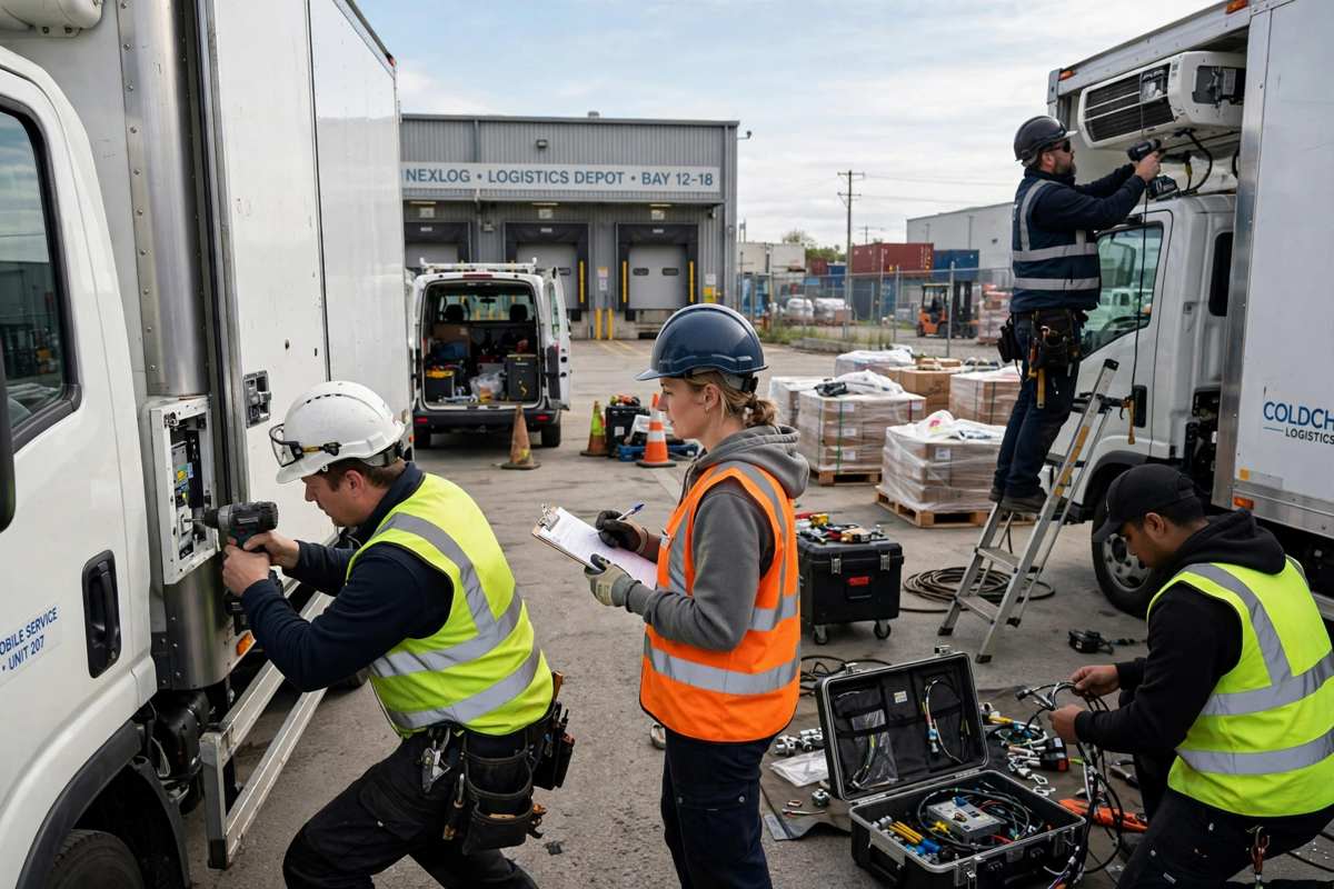 Mobile crew working on trucks at warehouse depot