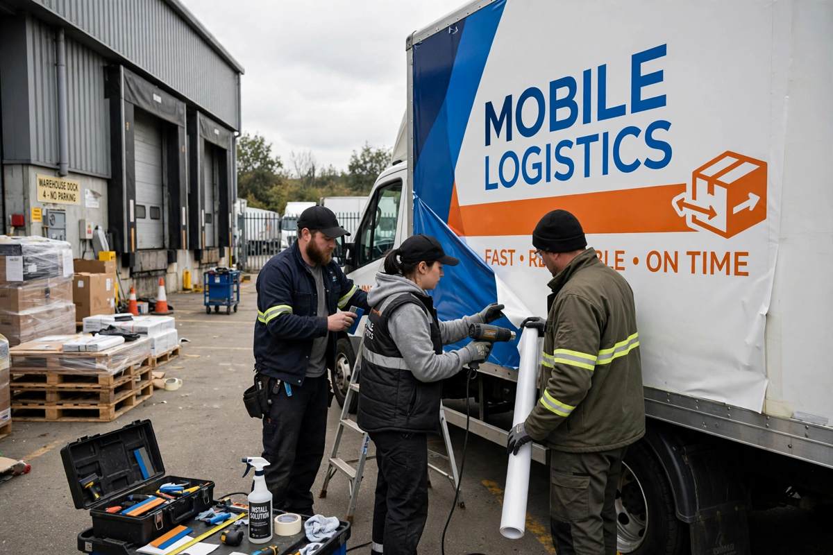 Mobile team installing graphics on box truck