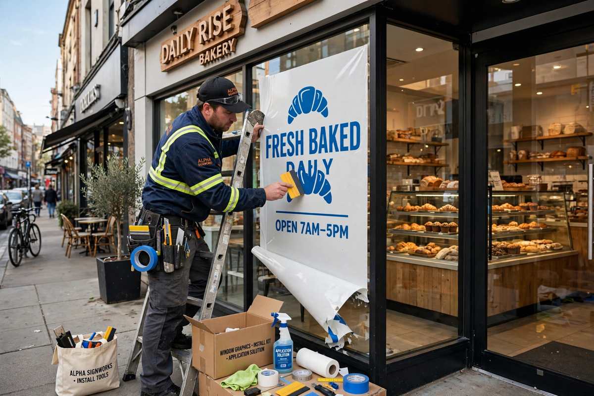 Installer applying storefront graphics on-site