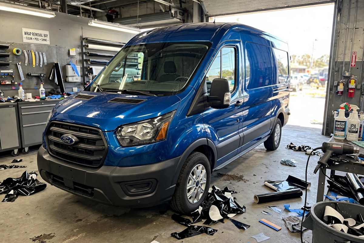 Van with clean paint after wrap removal