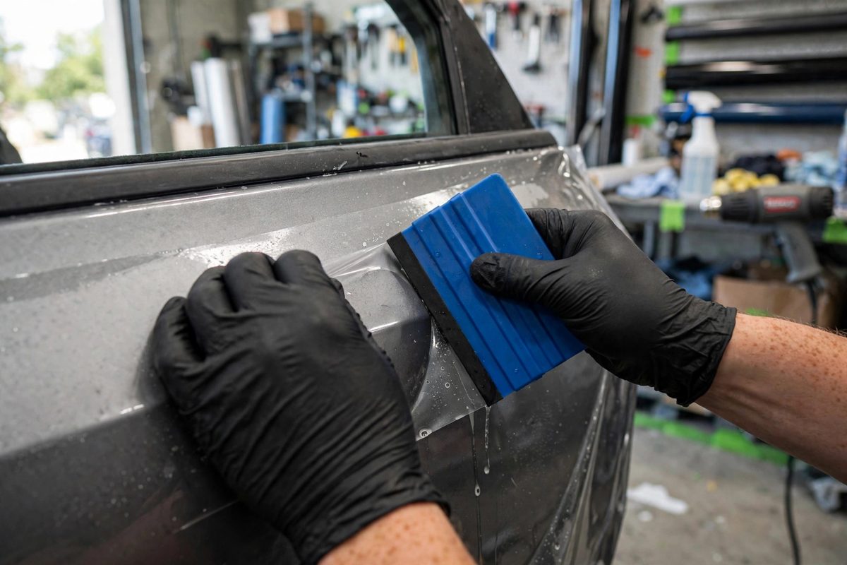 Installer applying vinyl wrap with squeegee
