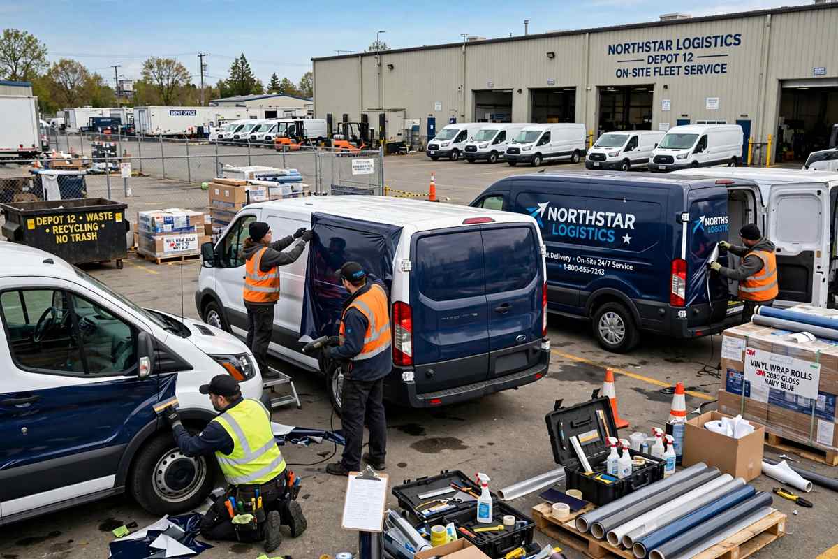 Installers wrapping fleet vans at depot