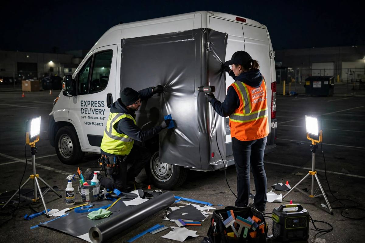 Installers wrapping van at night under work lights
