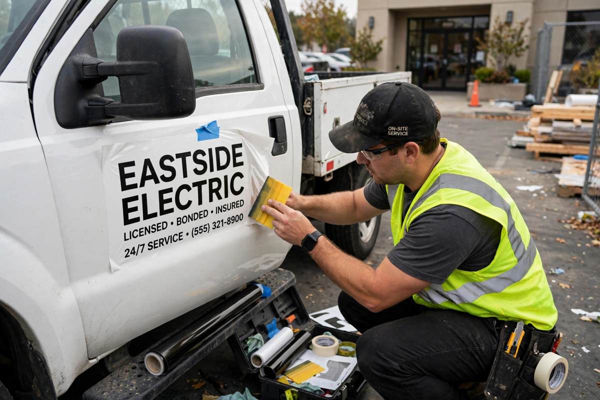 Installer applying lettering to truck at job site