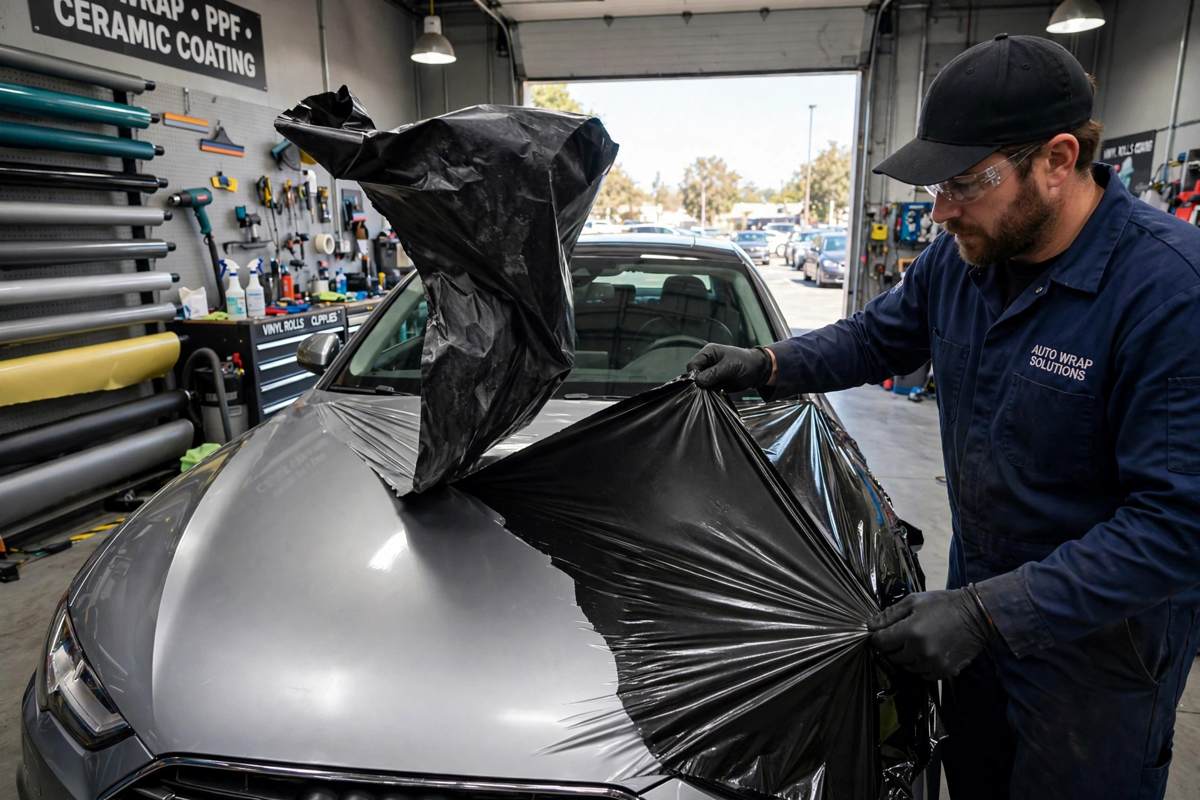 Technician peeling full wrap off car