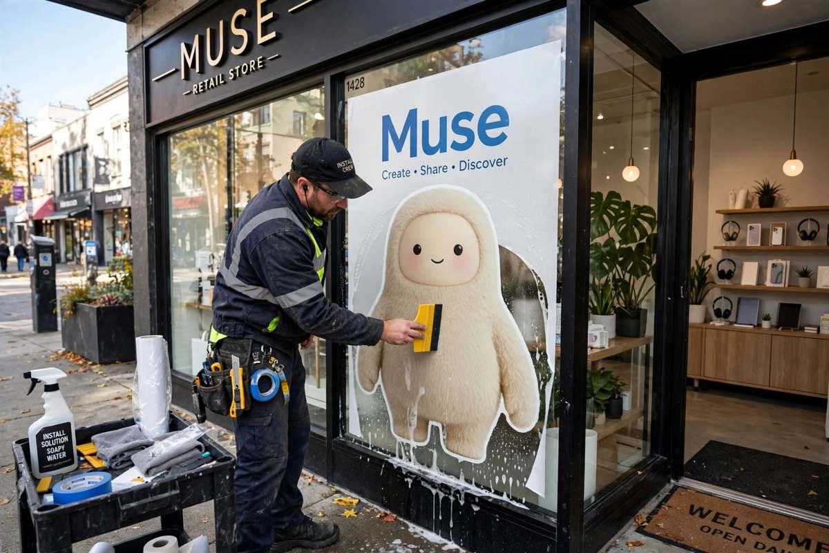 Installer applying graphics to storefront