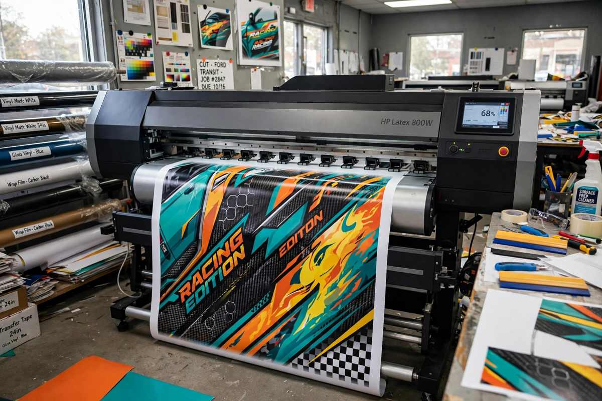 Large format printer printing wrap graphics