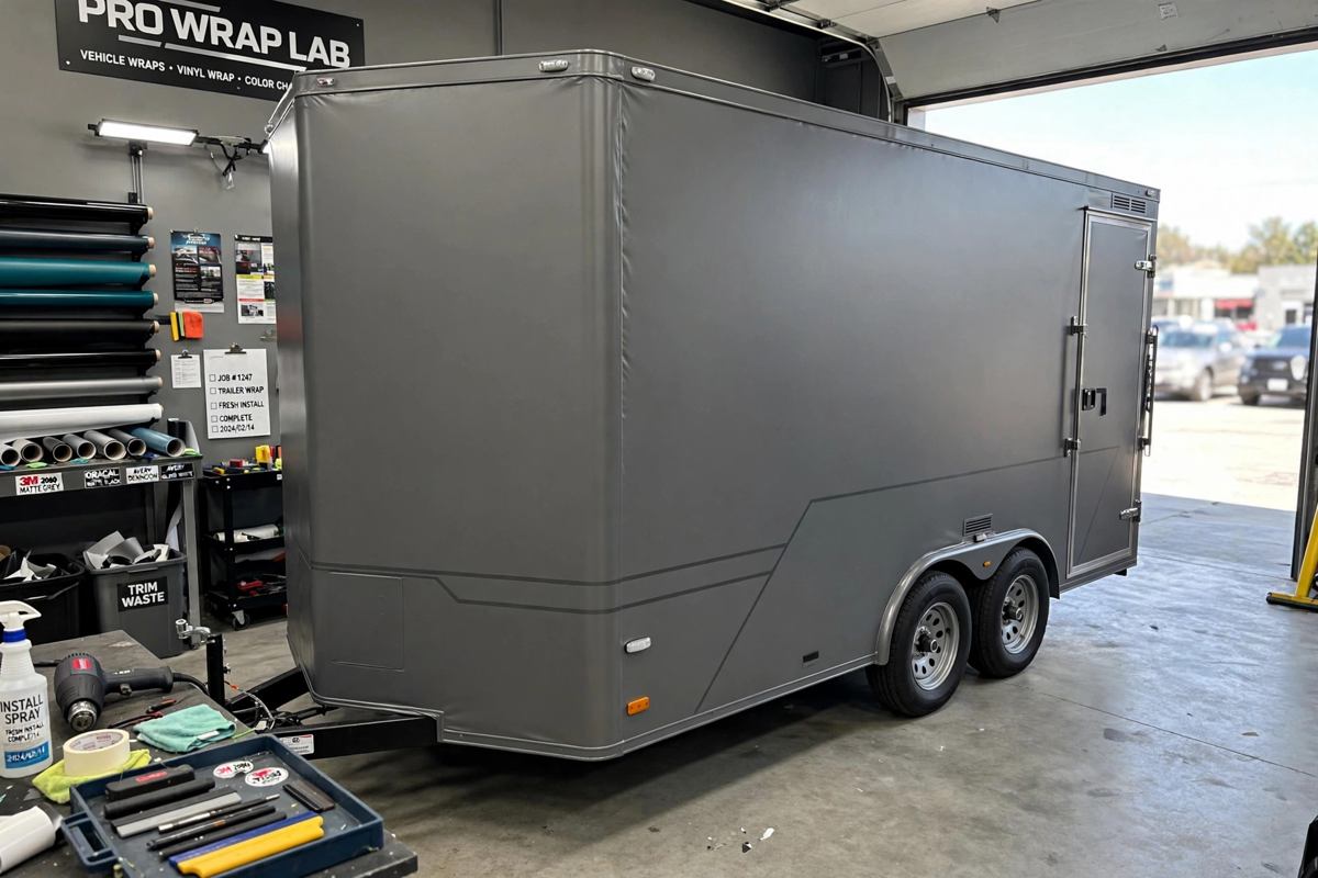 Trailer with freshly installed vinyl wrap