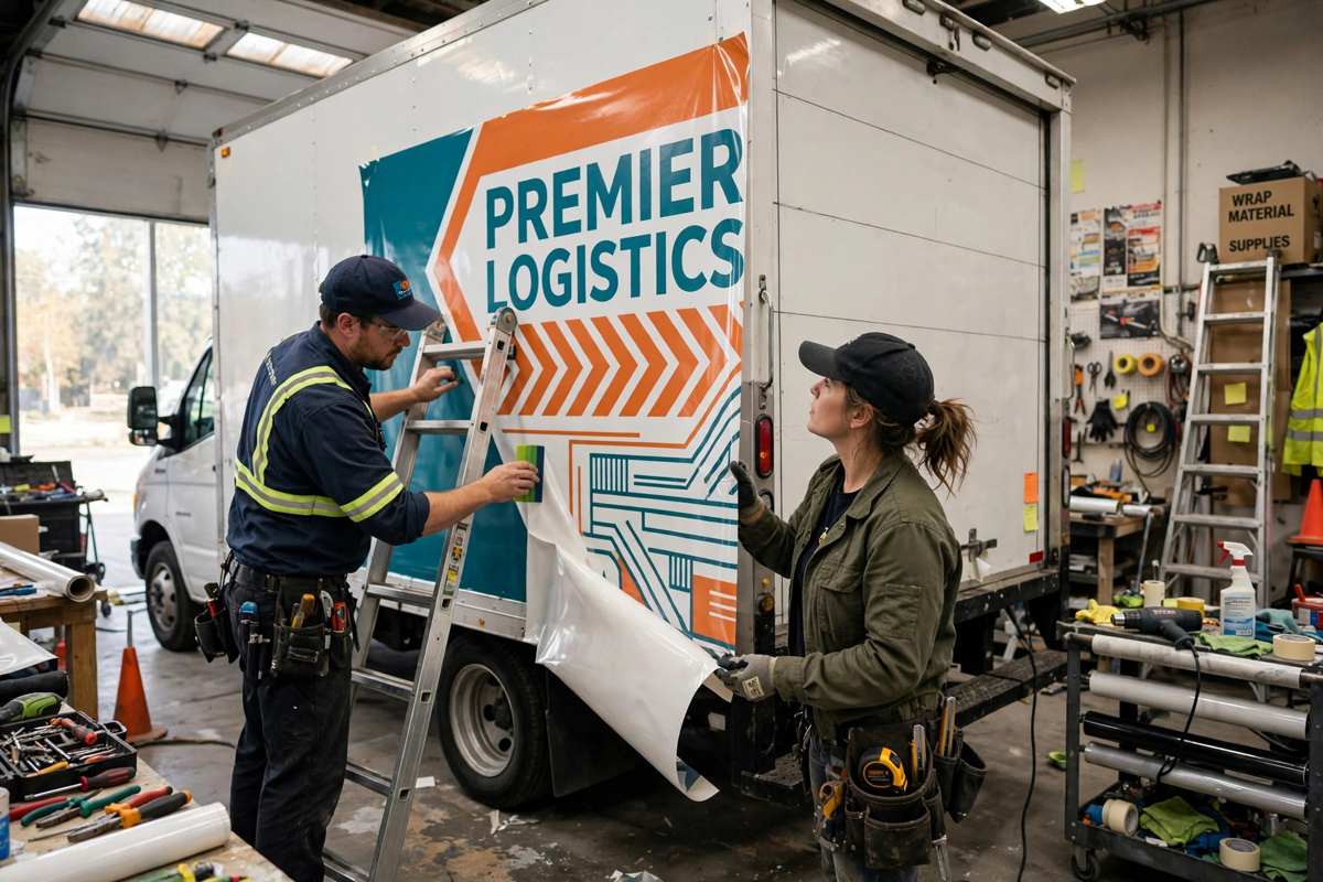 Installers applying wrap to box truck