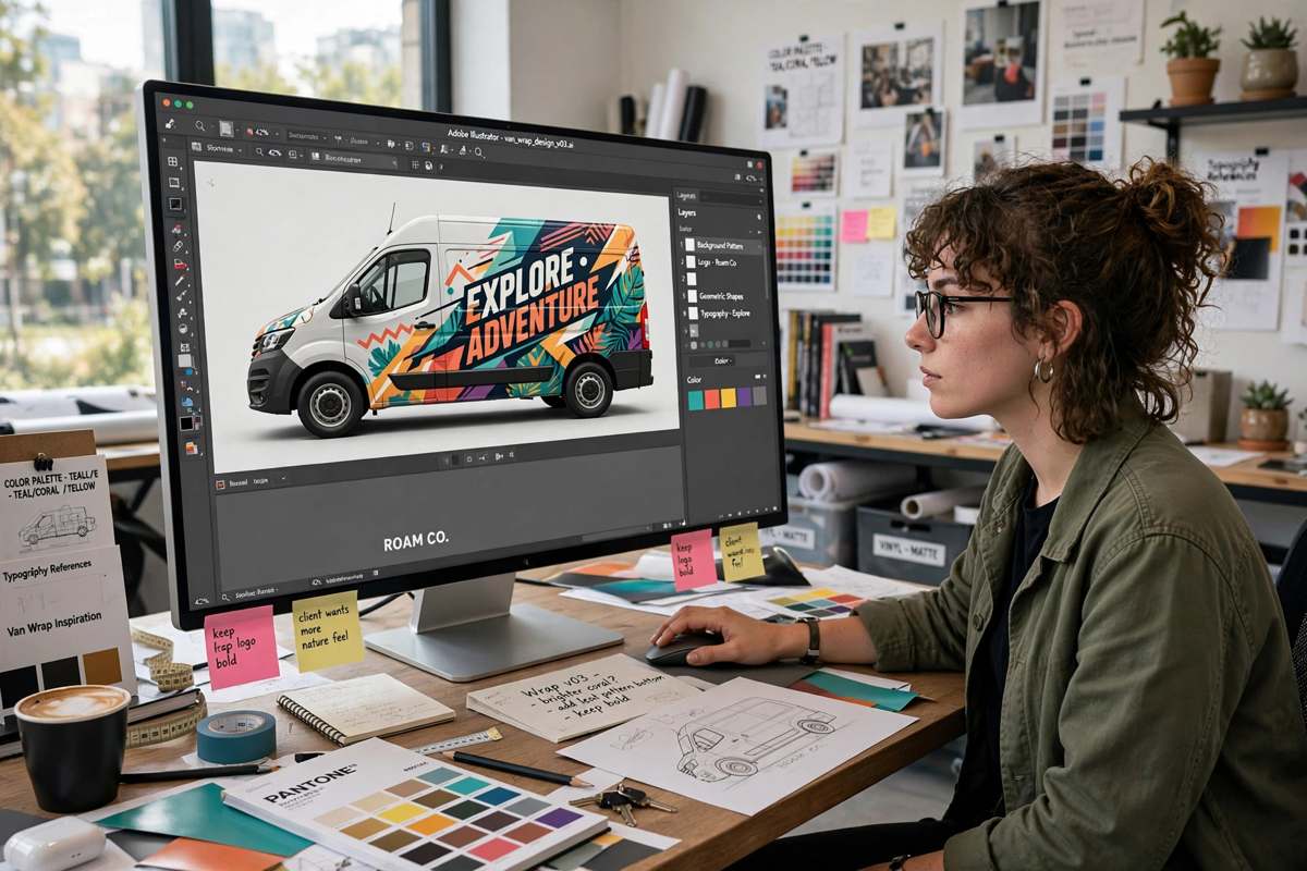 Designer working on vehicle wrap design