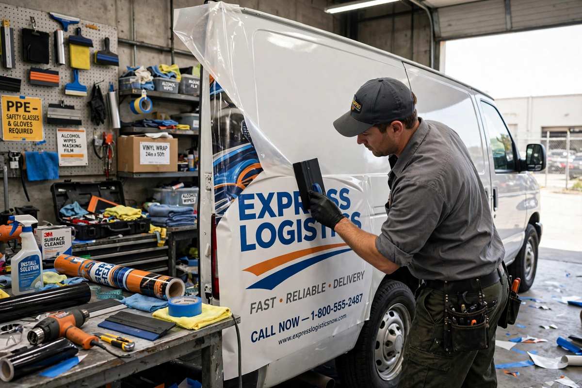 Installer applying vinyl wrap to cargo van