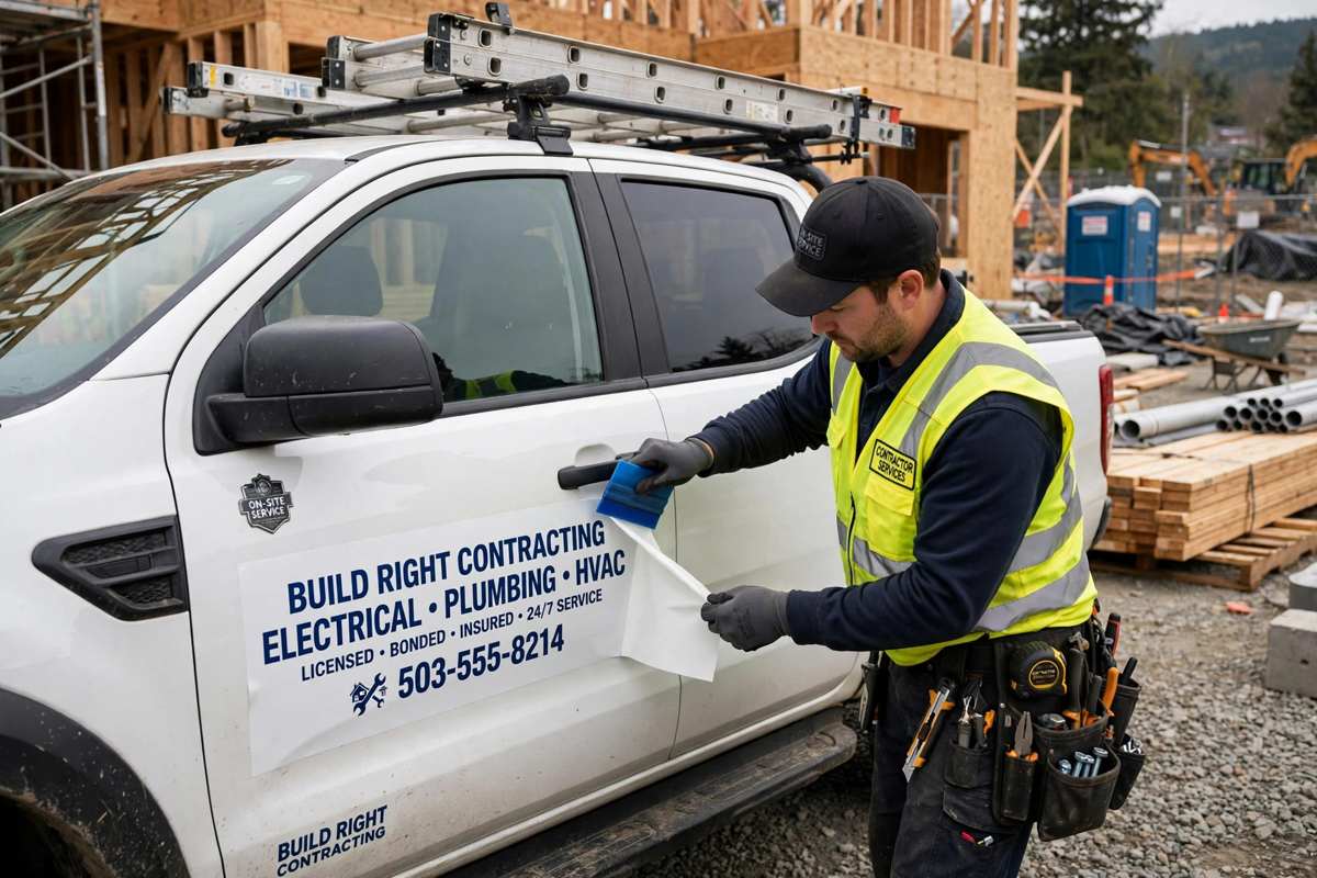 Installer applying decals to truck at job site