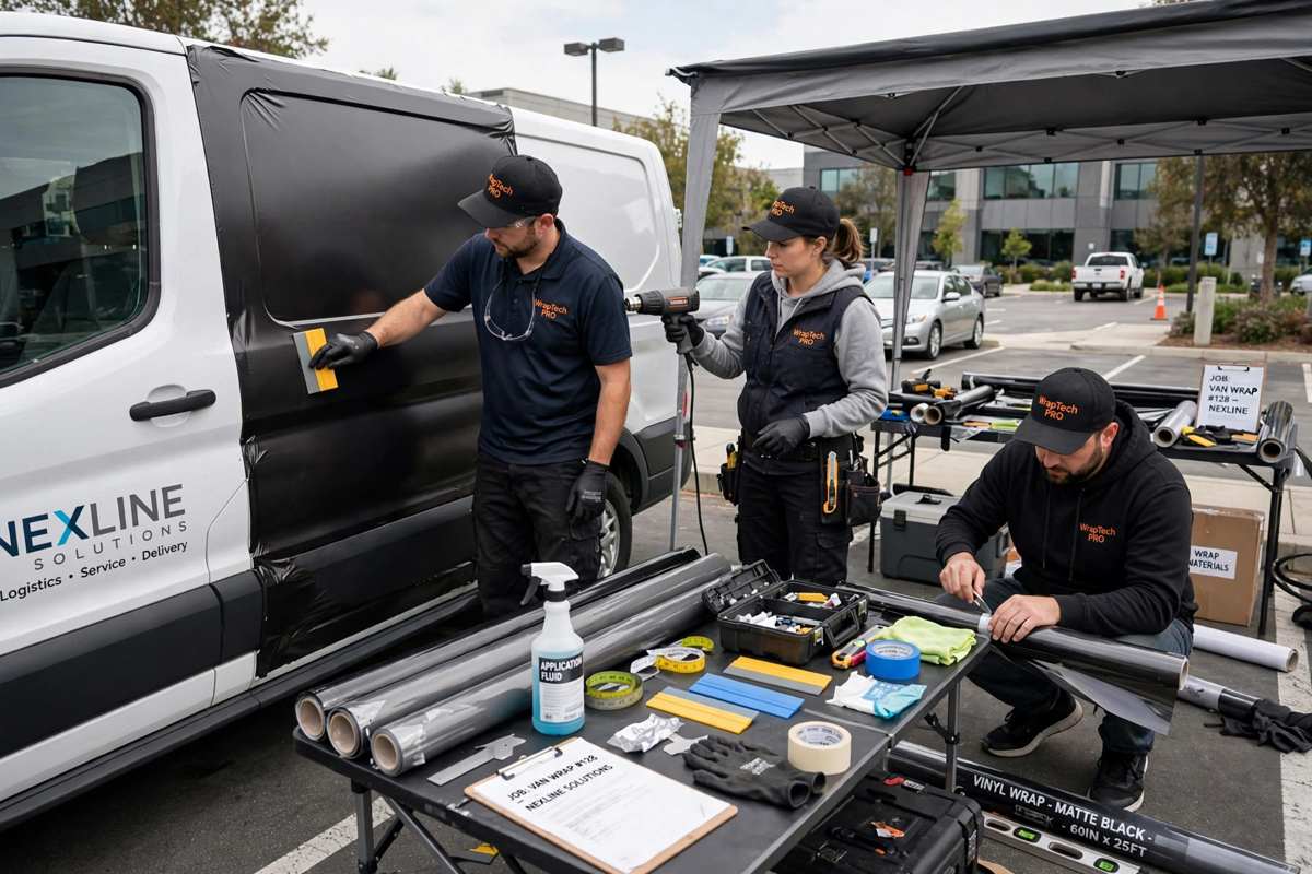 Installers wrapping van in parking lot