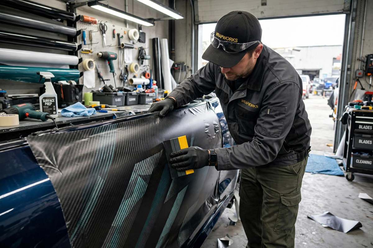 Installer applying vinyl wrap in workshop