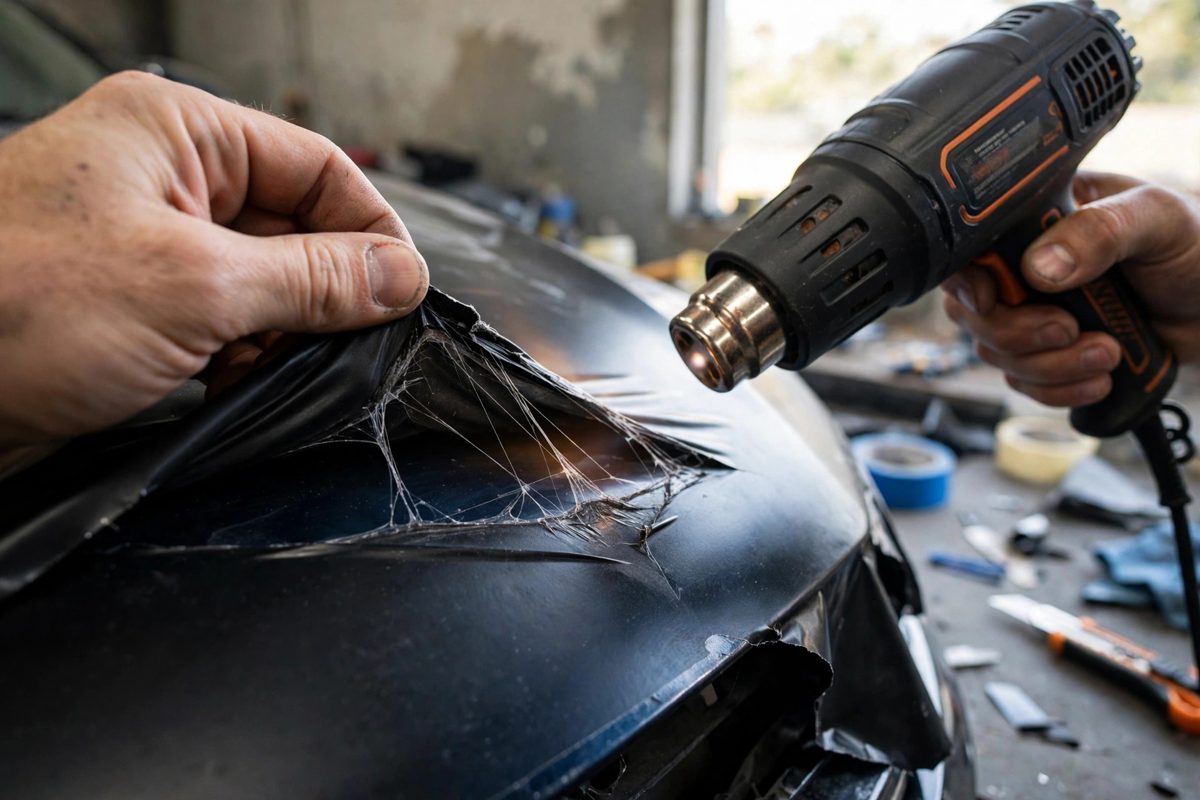 Technician peeling wrap with heat gun