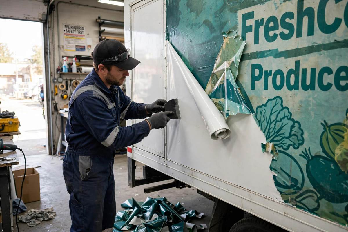 Old graphics removed from box truck