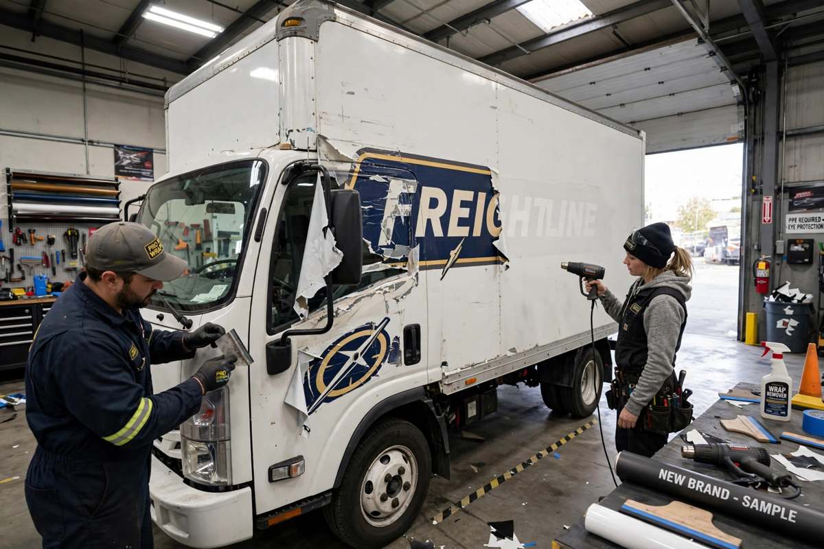 Box truck with old branding being removed