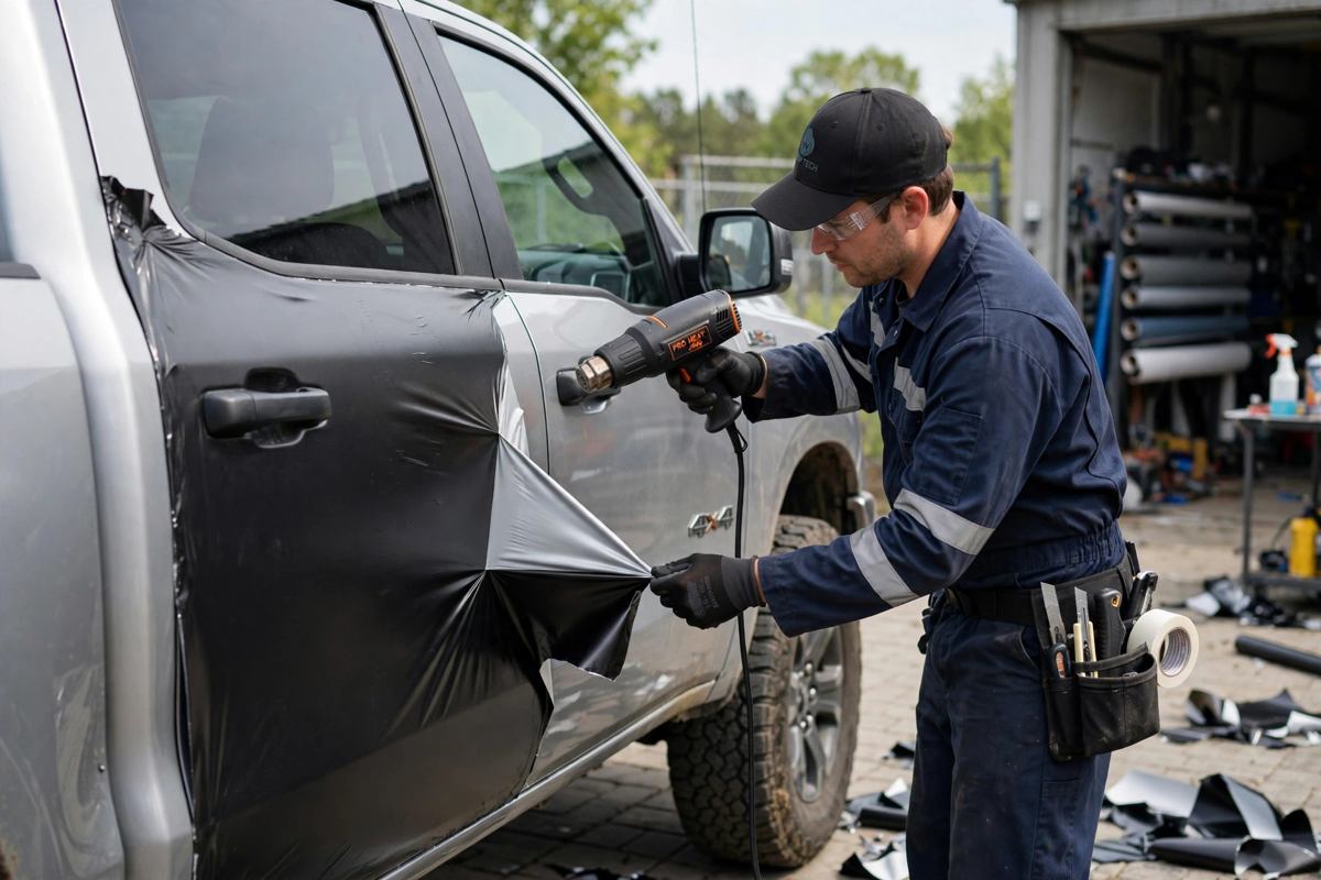Technician removing wrap with heat gun