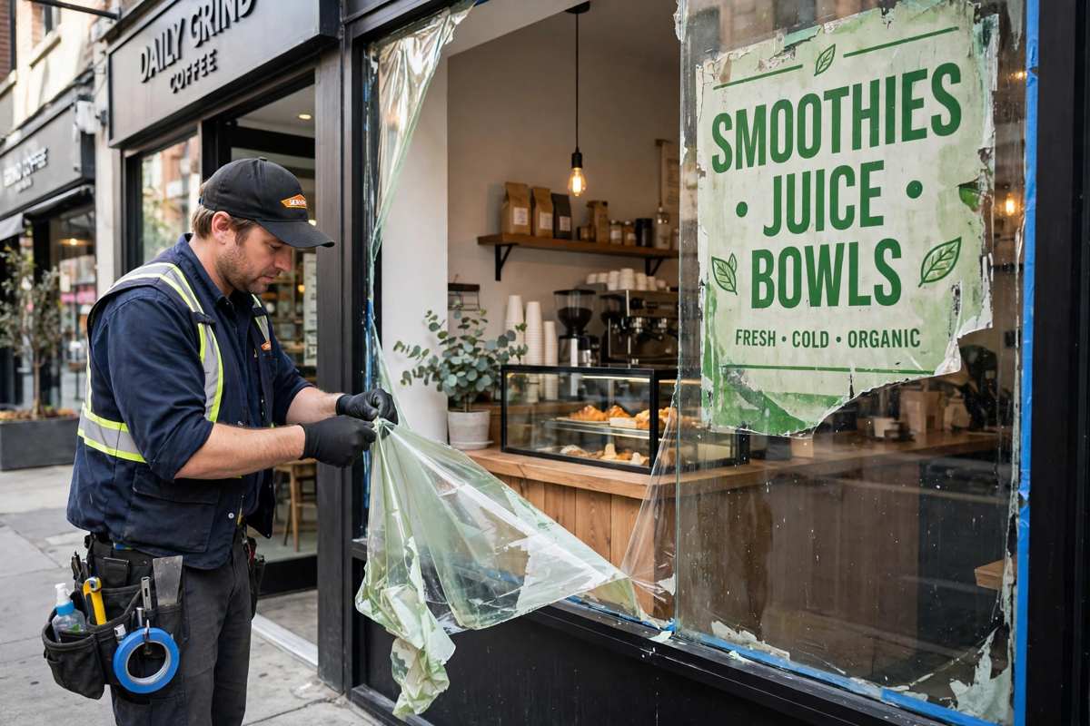 Technician removing window film from storefront