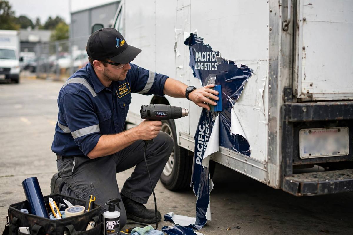 Technician repairing torn wrap on box truck