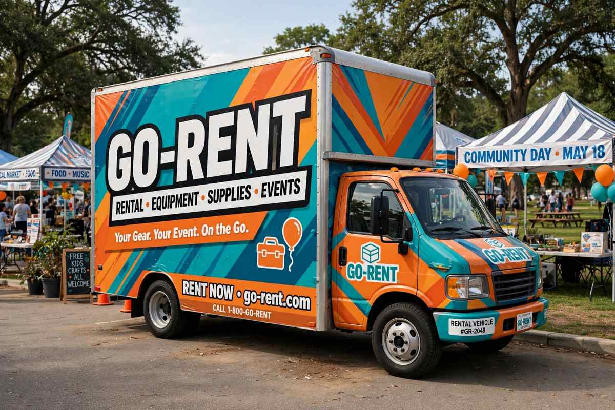 Branded rental truck at community event
